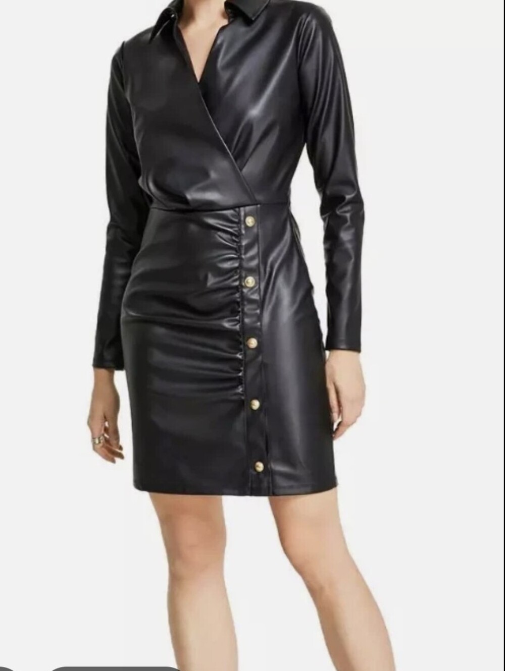Michael Michael Kors Faux Leather Ruched Long Sleeve Mini Dress Size M